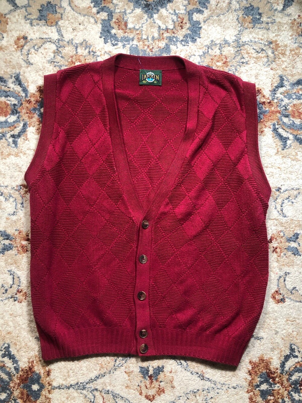 Vintage Jantzen Red Cotton V-Neck Knitted Vest Size XL Button-Front Grandpacore